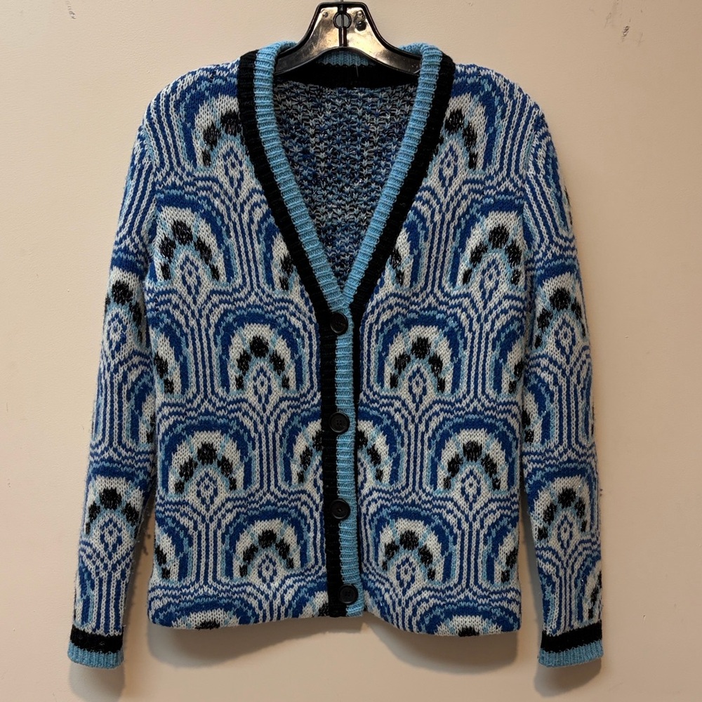 Miu Miu Blue and Black Geometric Knit Cardigan - Picture 1 of 6